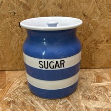 Vintage T G Green Blue White Stripe Cornishware Storage Jar 16cm - Sugar