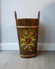 Vintage Hand Painted Wooden Umbrella Stand, Folk Art Pail, Rustic Cottage Decor