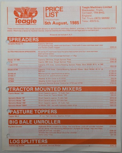 Teagle price list - 1985,