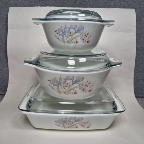 Pyrex iris casserole dishes - iris,