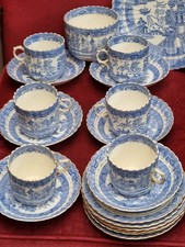 antique blue & white willow tea set ribbed shell design