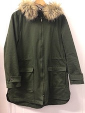 Jaeger coat Parker size 14 dark olive hood fur trim drawstring waist lined t3747