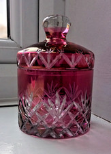 Vintage Cranberry Glass Lidded Pot Cut to Clear Trinket Vanity Sugar 5" tall