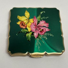 Emerald Green Vintage Stratton Compact Enamel Pink Yellow Flowers Gold Tone VGC 