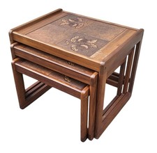 Vintage G Plan Style Teak Nest Of Tables Tiled Floral Brown 