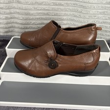 TLC Brown Leather Ladies Slip On Shoes Button Detail UK 5 Wide Fit VGC