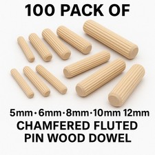100 Pack of 5mm 6mm 8mm 10mm 12mm Wooden Dowels Chamfered Fluted Pin Wood Dowel