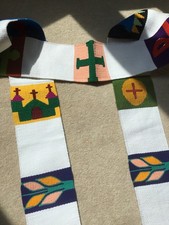 Lovely White Clergy Stole: Long, Central American Design, Christian Symbols