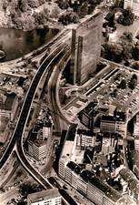 Photo postcard Düsseldorf around the Thyssen skyscraper, aerial view 1950s