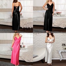 Long Imitated silk Dress Nightie Ladies Nightdress Sleepwear Sexy Lingerie Women