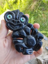 Hand-Carved Black Argillite Hei Tiki Pendant w/ Paua Shell Eyes - Maori Guardian