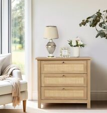 Chest of Drawers, Oak Effect Wooden Dresser with Rattan Front, Bedside Cabinet
