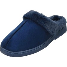 Ladies Plush Slippers Mule Warm Clogs Cushioned Slip On House Shoes Navy Blue
