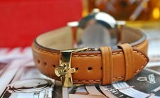 OMEGA GOLD OR SILVER PLATED BUCKLE ON 18mm TAN LEATHER WATCH STRAP-NEW!