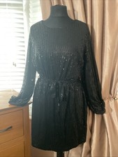 Frasers Be You Sequinned Belted Long Sleeve Lined Dress Black Size 20 NWT RP£50
