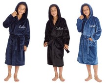 Personalised Boys Hooded Fleece Dressing Gown – Custom Name Kids Robe Xmas Gift