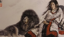 Chinese Ink painting Tibetan girl and Tibetan Mastiff