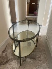 Mid Century Glass Top Coffee Table On Unusual Three Spoke Chrome Base.
