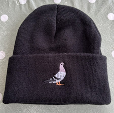  Black Unisex Double Cuff  Beanie New 100% Acrylic Pigeon motif embroidered 