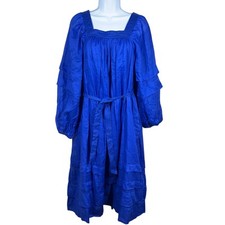 Banana Republic Dress Womens XS Blue Ramie Midi Long Sleeve Belted Square Neck