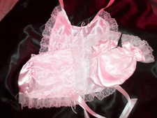 ABDL SISSY PINK  BONNET + MITTENS + BIB  FRILLY LACE TRIM SATIN TIES