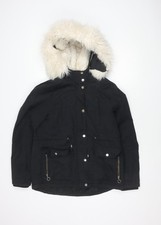 Topshop Women's Black Parka Jacket Size 12 Hooded Fur Trim