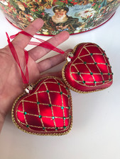2 JOHN LEWIS GLASS HEART GLITTER TRELLIS PATTERN & GEM BAUBLE TREE DECORATIONS