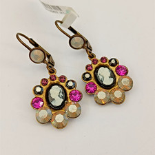 Michal Negrin Earrings Victorian Revival Brass Cameo Hot Pink or Purple Crystals