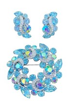 Kramer Ice Blue Earrings Brooch Set Vintage AB Rhinestones