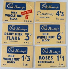 6 CADBURY'S CHOCOLATE Shop Display Cards MILK WHOLE NUT BLOCK DAIRY FLAKE ROSES