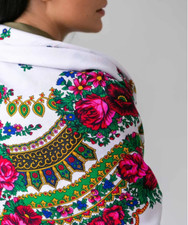 Vintage Colourful Shawl fringed in Slavic folk style SCARF 105x 105cm C бахромой