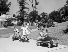 1950s 3 Children riding pedal Cars in their neighborhood  8 x 10 photograph