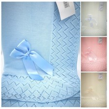 SPANISH KNITTED BABY SHAWL NEWBORN GIRL BOY WHITE CHRISTENING LACEY BOW BLANKET