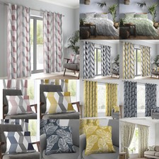 Modern Fusion Leaves Geometric Abstract Design Eyelet Lined Curtains / Cushions
