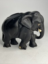 Vintage Hand Carved Black Ebony Wood Elephant Figure With Inlay