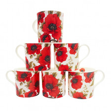 6x Poppy Mugs Fine Bone China