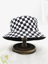Unisex Black & White Cheque Bucket Hat  Reversible Turns Plain Black. One Size.