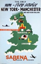 Vintage Sabena New York Manchester Belgian Airlines Poster A3/A4