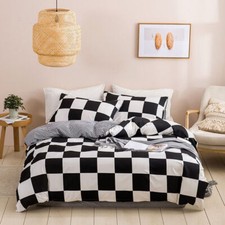 Duvet Cover Set Bedding & Pillowcase Black White Checked Single Double Size