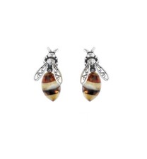 Amber Bee Stud Earrings Sterling Silver 925 Cognac Striped Gemstone 18x10mm