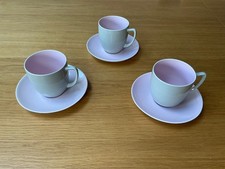 Branksome Pottery Cups & Saucers x 3 Grey & Pink 1950's EXCELLENT