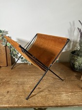 Vintage Leather & Metal Magazine Holder 1950/60s Foldable Metal Frame