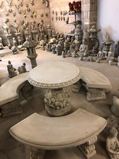 Round Garden Table and 3 x Benches, Concrete Stone Garden furniture,Curved Desig