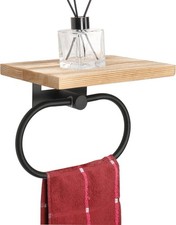 TocTen Hand Towel Ring with Wood Shelf, Wall Mount Holder for Bathroom, Black