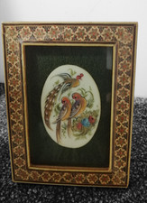 Persian Painting on Camel Bone Khatam Inlayed Frame Peacock Parrots Floral Iran