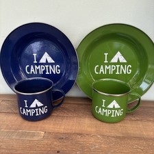 Camping Mugs And Plate Green And Blue Tin Enamel A