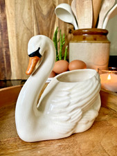 Vintage 1940s-50s Carlis Ware White Swan Vase Ornament Pottery Handpainted