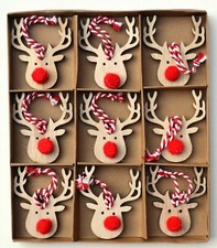 9pc Wooden Hanging Red Nose Reindeer  Christmas Tree Bow Decorations