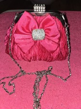 Cute Fuschia Pink Plissey Diamante Chain Bag New