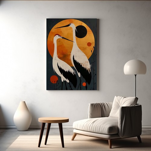 Japanese crane sunset wall - sunset, art